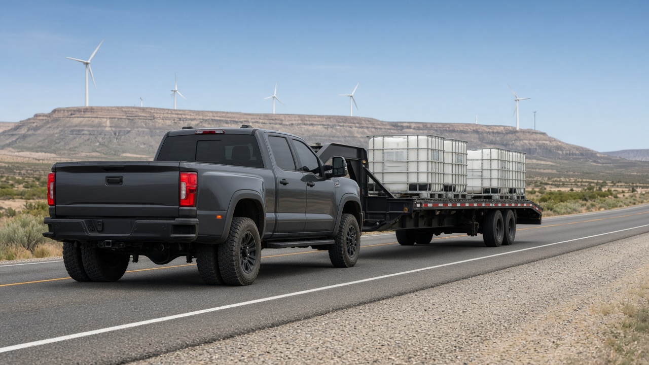 Illustration: Hotshot rig with IBC totes on a West Texas highway