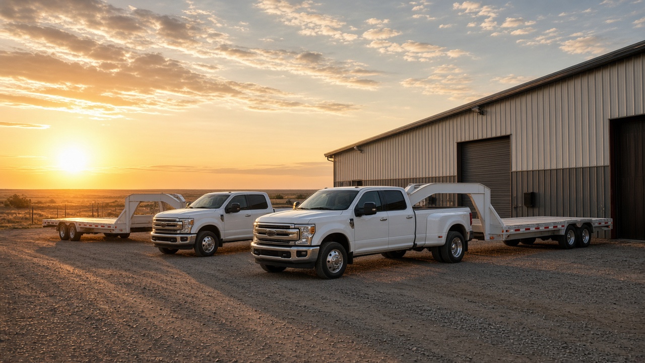 Illustration: Trucks in the yard at sunrise